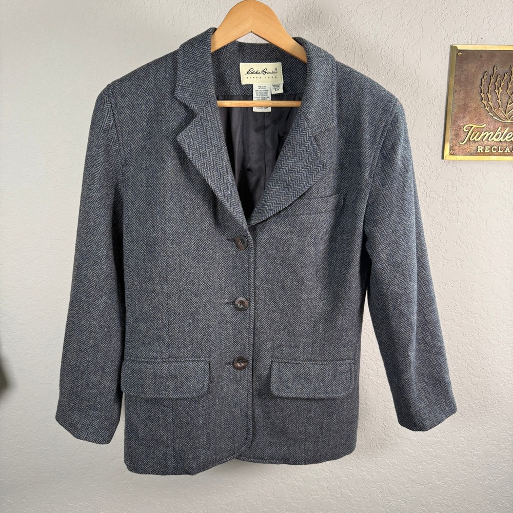 Eddie Bauer Womens‎ Petite S Blue Herringbone Wool Lambswool Blazer 3 Button
